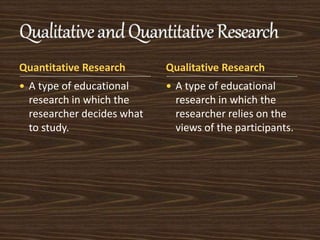 Quantitative Research Qualitative Research 
 Quantitative research looks at 
patterns in numeric data. 
 Quantitative re...