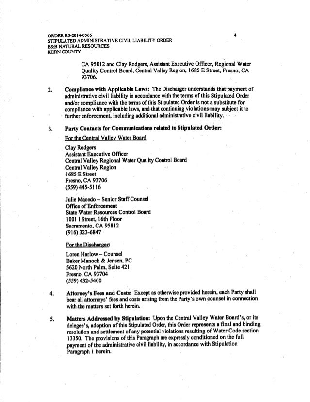 California Regional Water Quality Control Board Fines E&B Natural