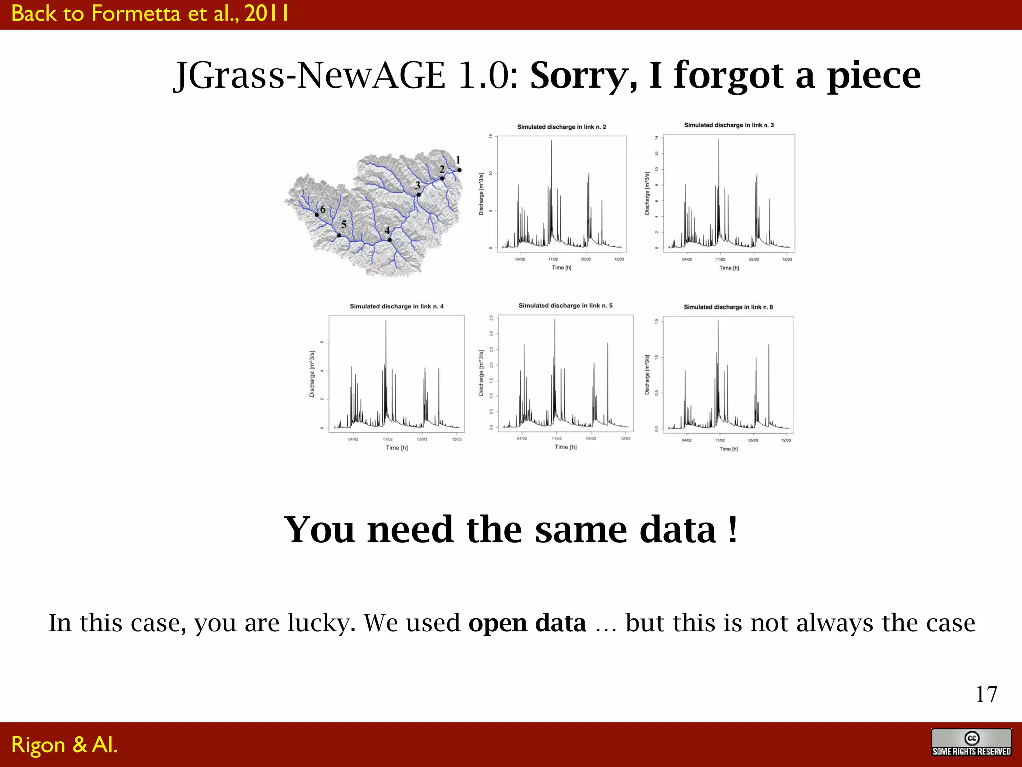 17
JGrass-NewAGE 1.0: Sorry, I forgot a pieceG. Formetta et al.: The JGrass-NewAge System for forecasting and managing hydrological budgets 953
Fig. 9. Application of the JGrass-NewAge model for the period 01/01/2002 to 31/12/2003.
case of two submodels for runoff production, one of which,
whilst appealing from a theoretical point of view, revealed
unfeasible during calibration. This models was, in fact, eas-
ily substituted by another without the need to rebuild the
whole model system.
The versatility of the modeling approach was also tested
by implementing two different modeling chains, one sub-
stantially performing simulation with a very lumped appli-
cation of the model, just using Hymod for the whole catch-
ment, the other representing a more distributed “version” of
the same Hymod runoff generating mechanism, connected
with a routing scheme. The forecasts were tested by analysis
of the residuals and through the estimation of some objective
indices, which were also implemented as software compo-
nents. These allowed us to objectively state that, at least for
the case in study, the performances of the distributed ver-
sion of the modeling chain was signiﬁcantly better than the
lumped version, thus supporting the idea that the increase in
model complexity was worthwhile. It is noteworthy that this
comparison was made between systems where most of the
code was the same, thus guaranteeing, in our opinion, the
The modeling chain, although seemingly very traditional,
was actually implemented using advanced speciﬁcations of
the geographical objects, as required by OGC, and uses a
particular speciﬁcation of the river network hierarchy and the
related hillslopes that was built upon the Pfafstetter ordering
scheme.
Even though the overall performances of the forecasting
can be considered very good, in the future some new compo-
nents could substitute the older ones and be compared consis-
tently along the same lines, even if further improvements in
the ability to forecast measured discharge could not be con-
sidered signiﬁcant without a proper assessment of the uncer-
tainties inherent to the description of the processes.
These comparisons could be made by the same authors
or independently by other researchers, since the JGrass-
NewAge modeling system is freely available, with just the
new component requiring coding. In this sense the infras-
tructure promotes independent testing and veriﬁcation of re-
search results with unprecedented easiness. In this perspec-
tive a component by component and interoperability com-
parison of the JGrass-NewAge system with others, such as
You need the same data !
In this case, you are lucky. We used open data … but this is not always the case
Back to Formetta et al., 2011
Rigon & Al.
 