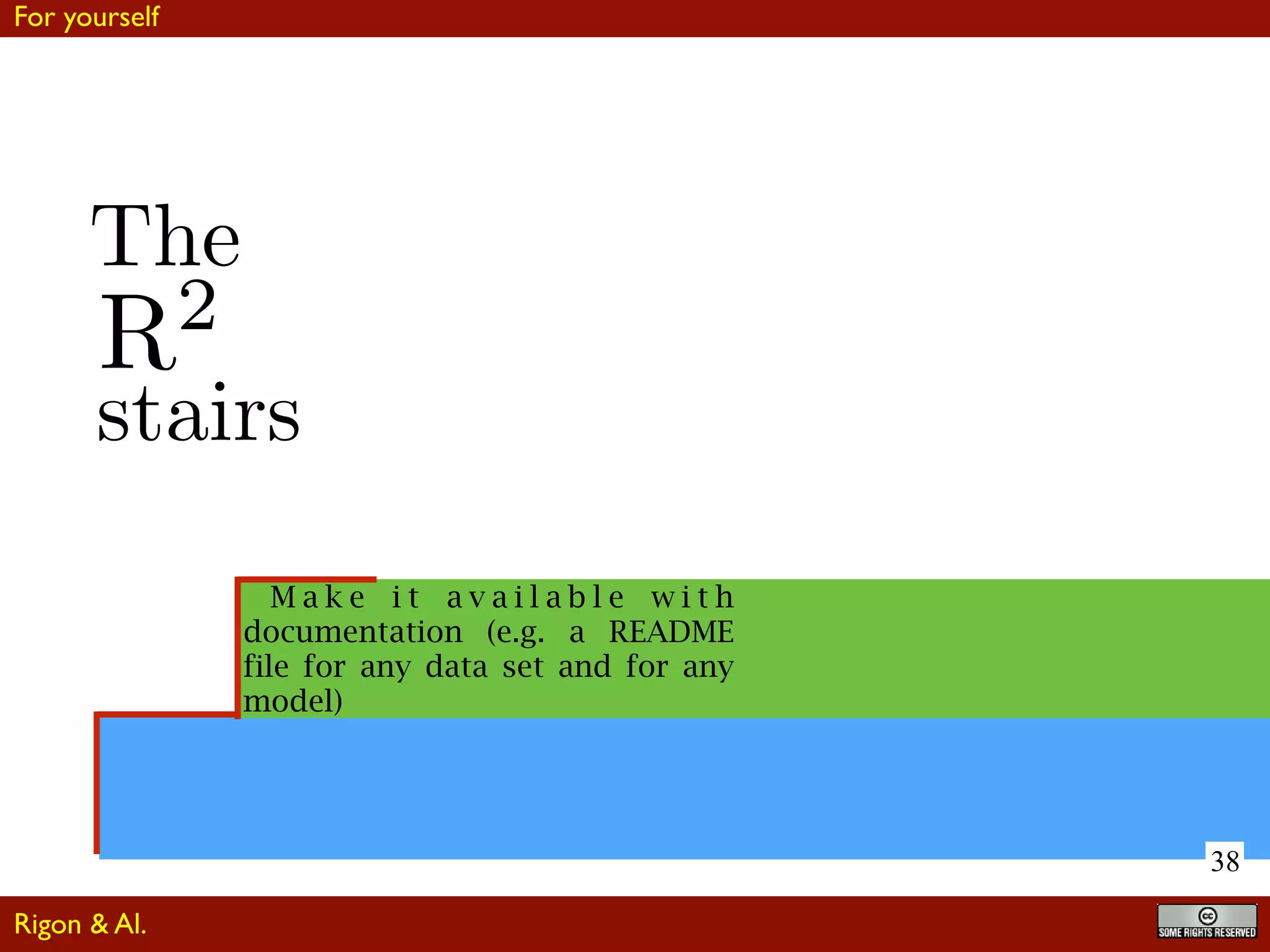 38
M a k e i t a v a i l a b l e w i t h
documentation (e.g. a README
file for any data set and for any
model)
R2
The
stairs
For yourself
Rigon & Al.
 