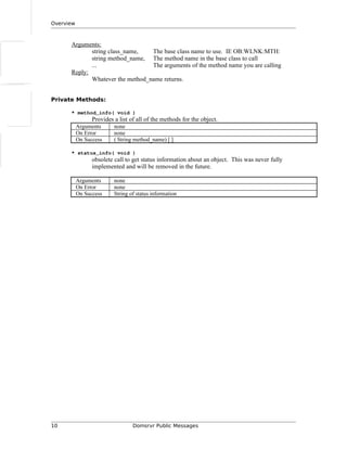 Overview
Arguments:
string class_name, The base class name to use. IE OB:WLNK:MTH:
string method_name, The method name in the base class to call
... The arguments of the method name you are calling
Reply:
Whatever the method_name returns.
Private Methods:
* method_info( void )
Provides a list of all of the methods for the object.
Arguments none
On Error none
On Success ( String method_name) [ ]
* status_info( void )
obsolete call to get status information about an object. This was never fully
implemented and will be removed in the future.
Arguments none
On Error none
On Success String of status information
10 Domsrvr Public Messages
 