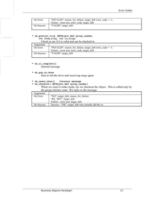 Error Codes
On Error "INVALID", reason_for_failure, target_dob error_code = -1;
Failure - error text, error_code, target_dob
On Success "VALID", target_dob
* ob_postval_trig (BPObject_Ref group_leader,
int from_trig, int to_trig)
Check to see if it is valid and can be checked in.
Arguments
On Error "INVALID", reason_for_failure, target_dob error_code = -1;
Failure - error text, error_code, target_dob
On Success "VALID", target_dob
* ob_ci_complete()
Internal message
* ob_grp_co_done
Sent to tell the ob to start receiving msgs again.
* ob_newco_done() Internal message
* ob_checkout( BPObject_Ref group_leader)
When we want to make mods, etc we checkout the object. This is called only by
the group checker outer. We reply to the message
Arguments
On Error "NO", target_dob, reason_for_failure
"RE_TRY", target_dob
Failure - error text, target_dob
On Success Success - "OK", target_dob who actually did the co
Business Objects Paradigm 17
 