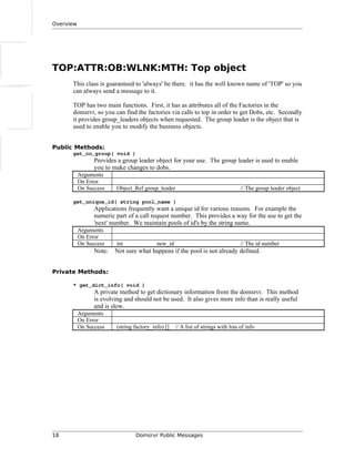 Overview
TOP:ATTR:OB:WLNK:MTH: Top object
This class is guaranteed to 'always' be there. it has the well known name of 'TOP' so you
can always send a message to it.
TOP has two main functions. First, it has as attributes all of the Factories in the
domsrvr, so you can find the factories via calls to top in order to get Dobs, etc. Secondly
it provides group_leaders objects when requested. The group leader is the object that is
used to enable you to modify the business objects.
Public Methods:
get_co_group( void )
Provides a group leader object for your use. The group leader is used to enable
you to make changes to dobs.
Arguments
On Error
On Success Object_Ref group_leader // The group leader object
get_unique_id( string pool_name )
Applications frequently want a unique id for various reasons. For example the
numeric part of a call request number. This provides a way for the use to get the
'next' number. We maintain pools of id's by the string name.
Arguments
On Error
On Success int new_id // The id number
Note: Not sure what happens if the pool is not already defined.
Private Methods:
* get_dict_info( void )
A private method to get dictionary information from the domsrvr. This method
is evolving and should not be used. It also gives more info than is really useful
and is slow.
Arguments
On Error
On Success (string factory_info) [] // A list of strings with lots of info
18 Domsrvr Public Messages
 