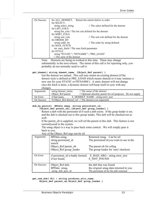 Error Codes
On Success for ALL_DOMSET, Return the entries below in order
for SELECT,
string select_string // The select defined for the domset
for LIST_COLS
string list_cols// The list cols defined for the domset
for SORT_COLS
string sort_cols // The sort cols defined for the domset
for ORDER_BY
string order_by // The order by string defined.
for MAX_FETCH
int max_fetch// The max fetch paramater
for STYLE
string "STATIC" | "DYNAMIC" | "PRE_LOAD"
// The style of the domset
Note: Domsets are being re-worked at this time. These may change
substantially in the next release. The intent of this call is for reporting only, you
probably do not normally need to call it.
get_domset( string domset_name, [Object_Ref parent] )
Get the domset we named. This call may return an existing domset (if the
domset style is defined as PRE_LOAD which means shared) or it may instance a
new one for you( STATIC or DYNAMIC). A static domset will not change
once the fetch is done, a dynamic domset will keep itself in sync with any
changes.
Arguments string domset_name, // The name of the domset
Object_Ref parent // Optional obsolety parent for ref purposes. Do not supply
On Error if bad name, E_DOMSET_NAME - string error_text
On Success N Object_Ref domset_ref // The domset you requested.
dob_by_persid( BPData smag, string persistent_id,
[Object_Ref parent_ob],[Object_Ref group_leader] )
Return a dob with the persistant id if such a dob exists. If the goup leader is set,
and the dob is checked out to this group leader, This dob will be checked out as
well.
If the parent_ob is supplied, we will ref the parent in this dob. This feature is not
currentlyused in the system.
The smag object is a way to pass back some context. We will simply pass it
back to you.
Any of the Object_Ref args can be nil
Arguments BPData smag, Returned smag. Can be nil
string persistend_id The persistend id you want to use in the
search
Object_Ref parent_ob The parent ob for refing
Object_Ref group_leader The group leader for 'auto' checkout
On Error if persistent_id is badly formed, E_BAD_ARG - string error_text
if not found, E_NOT_FOUND
On Success Object_Ref dob, the dob that was found
BPData smag, the original smag data returned to you
string dob_pers_id The persistant id for the dob returned.
get_new_dob( Nil | string producer_attr_name,
Object_Ref parent_ob,Object_Ref group_leader )
Business Objects Paradigm 23
 