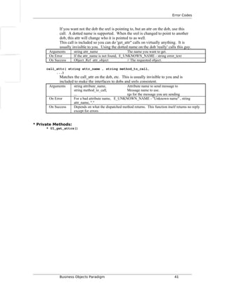 Error Codes
If you want not the dob the srel is pointing to, but an attr on the dob, use this
call. A dotted name is supported. When the srel is changed to point to another
dob, this attr will change who it is pointed to as well.
This call is included so you can do 'get_attr" calls on virtually anything. It is
usually invisible to you. Using the dotted name on the dob 'really' calls this guy.
Arguments string attr_name The name you want to get.
On Error If the attr_name is not found, E_UNKNOWN_NAME - string error_text
On Success Object_Ref attr_object // The requested object.
call_attr( string attr_name , string method_to_call,
...)
Matches the call_attr on the dob, etc. This is usually invisible to you and is
included to make the interfaces to dobs and srels consistent.
Arguments string attribute_name, Attribute name to send message to
string method_to_call, Message name to use.
... rgs for the message you are sending
On Error For a bad attribute name, E_UNKNOWN_NAME - "Unknown name" , string
attr_name, "."
On Success Depends on what the dispatched method returns. This function itself returns no reply
except for errors
* Private Methods:
* UI_get_attrs()
Business Objects Paradigm 41
 