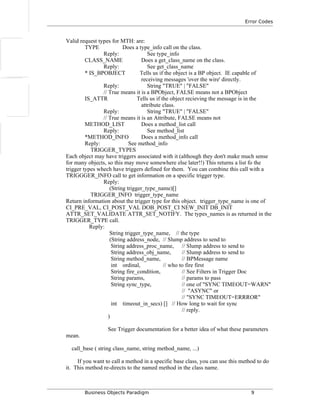Error Codes
Valid request types for MTH: are:
TYPE Does a type_info call on the class.
Reply: See type_info
CLASS_NAME Does a get_class_name on the class.
Reply: See get_class_name
* IS_BPOBJECT Tells us if the object is a BP object. IE capable of
receiving messages 'over the wire' directly.
Reply: String "TRUE" | "FALSE"
// True means it is a BPObject, FALSE means not a BPObject
IS_ATTR Tells us if the object recieving the message is in the
attribute class.
Reply: String "TRUE" | "FALSE"
// True means it is an Attribute, FALSE means not
METHOD_LIST Does a method_list call
Reply: See method_list
*METHOD_INFO Does a method_info call
Reply: See method_info
TRIGGER_TYPES
Each object may have triggers associated with it (although they don't make much sense
for many objects, so this may move somewhere else later!!) This returns a list fo the
trigger types whech have triggers defined for them. You can combine this call with a
TRIGGGER_INFO call to get information on a specific trigger type.
Reply:
(String trigger_type_name)[]
TRIGGER_INFO trigger_type_name
Return information about the trigger type for this object. trigger_type_name is one of
CI_PRE_VAL, CI_POST_VAL DOB_POST_CI NEW_INIT DB_INIT
ATTR_SET_VALIDATE ATTR_SET_NOTIFY. The types_names is as returned in the
TRIGGER_TYPE call.
Reply:
String trigger_type_name, // the type
(String address_node, // Slump address to send to
String address_proc_name, // Slump address to send to
String address_obj_name, // Slump address to send to
String method_name, // BPMessage name
int ordinal, // who to fire first
String fire_condition, // See Filters in Trigger Doc
String params, // params to pass
String sync_type, // one of "SYNC TIMEOUT=WARN"
// "ASYNC" or
// "SYNC TIMEOUT=ERRROR"
int timeout_in_secs) [] // How long to wait for sync
// reply.
)
See Trigger documentation for a better idea of what these parameters
mean.
call_base ( string class_name, string method_name, ...)
If you want to call a method in a specific base class, you can use this method to do
it. This method re-directs to the named method in the class name.
Business Objects Paradigm 9
 