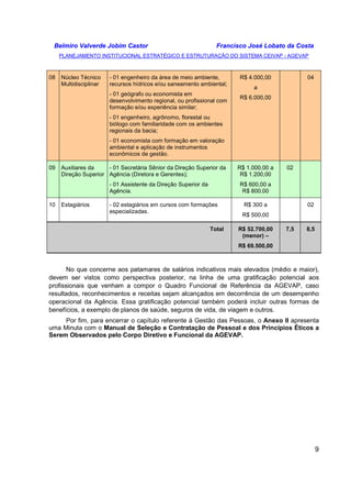 Belmiro Valverde Jobim Castor Francisco José Lobato da Costa 
PLANEJAMENTO INSTITUCIONAL ESTRATÉGICO E ESTRUTURAÇÃO DO SISTEMA CEIVAP - AGEVAP 
9 
08 Núcleo Técnico 
Multidisciplinar 
- 01 engenheiro da área de meio ambiente, 
recursos hídricos e/ou saneamento ambiental; 
- 01 geógrafo ou economista em 
desenvolvimento regional, ou profissional com 
formação e/ou experiência similar; 
- 01 engenheiro, agrônomo, florestal ou 
biólogo com familiaridade com os ambientes 
regionais da bacia; 
- 01 economista com formação em valoração 
ambiental e aplicação de instrumentos 
econômicos de gestão. 
R$ 4.000,00 
a 
R$ 6.000,00 
04 
09 Auxiliares da 
Direção Superior 
- 01 Secretária Sênior da Direção Superior da 
Agência (Diretora e Gerentes); 
- 01 Assistente da Direção Superior da 
Agência. 
R$ 1.000,00 a 
R$ 1.200,00 
R$ 600,00 a 
R$ 800,00 
02 
10 Estagiários - 02 estagiários em cursos com formações 
especializadas. 
R$ 300 a 
R$ 500,00 
02 
Total R$ 52.700,00 
(menor) – 
R$ 69.500,00 
7,5 8,5 
No que concerne aos patamares de salários indicativos mais elevados (médio e maior), 
devem ser vistos como perspectiva posterior, na linha de uma gratificação potencial aos 
profissionais que venham a compor o Quadro Funcional de Referência da AGEVAP, caso 
resultados, reconhecimentos e receitas sejam alcançados em decorrência de um desempenho 
operacional da Agência. Essa gratificação potencial também poderá incluir outras formas de 
benefícios, a exemplo de planos de saúde, seguros de vida, de viagem e outros. 
Por fim, para encerrar o capítulo referente à Gestão das Pessoas, o Anexo II apresenta 
uma Minuta com o Manual de Seleção e Contratação de Pessoal e dos Princípios Éticos a 
Serem Observados pelo Corpo Diretivo e Funcional da AGEVAP. 
 