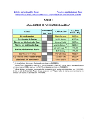 Belmiro Valverde Jobim Castor Francisco José Lobato da Costa 
PLANEJAMENTO INSTITUCIONAL ESTRATÉGICO E ESTRUTURAÇÃO DO SISTEMA CEIVAP - AGEVAP 
1 
Anexo I 
ATUAL QUADRO DE FUNCIONÁRIOS DA AGEVAP 
Concursado 
CARGO 
Sim Não 
FUNCIONÁRIO SALÁRIO 
BRUTO (R$) 
Diretor Executivo Eliane Barbosa 6,000,00 
Coordenador de Gestão Hendrik Mansur 4,500,00 
Técnico em Administração (Sup.) Mariana Facioli 2,200,00 
Técnico em Mobilização (Sup.) Virgínia Calaes (*) 2,200,00 
Álvaro Souza (**) 900,00 
Auxiliar Administrativo (Médio) 
Erik Nicolay 900,00 
Coordenador Técnico Flávio Simões 4,500,00 
Especialista em Recursos Hídricos Sandra Costa 3,000,00 
Especialista em Saneamento Silvino Streva 3,000,00 
(*) Virgínia Calaes, técnica em Mobilização, demitida em 03/04/2006; 
(**) Álvaro Souza, funcionário concursado, com ingresso em 01/08/2005, retirou licença sem vencimentos 
em novembro de 2005 e retornou em Abril/06, tendo sido demitido em 15/08/2006; 
(***) Erik Nicolay, funcionário concursado foi contratado como auxiliar administrativo, em 01/12/2005; 
devido ao fato do funcionário Álvaro Souza, aprovado em 1º lugar, voltar da licença sem vencimento em 
abril/06, Erik Nicolay foi demitido em 31/03/2006. 
 
