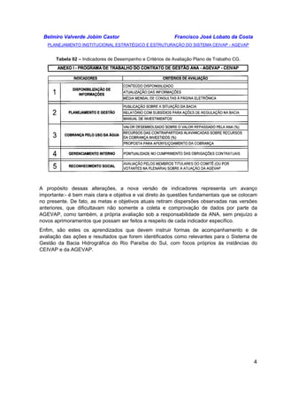 Belmiro Valverde Jobim Castor Francisco José Lobato da Costa 
PLANEJAMENTO INSTITUCIONAL ESTRATÉGICO E ESTRUTURAÇÃO DO SISTEMA CEIVAP - AGEVAP 
4 
Tabela 02 – Indicadores de Desempenho e Critérios de Avaliação Plano de Trabalho CG. 
A propósito dessas alterações, a nova versão de indicadores representa um avanço 
importante:- é bem mais clara e objetiva e vai direto às questões fundamentais que se colocam 
no presente. De fato, as metas e objetivos atuais retiram dispersões observadas nas versões 
anteriores, que dificultavam não somente a coleta e comprovação de dados por parte da 
AGEVAP, como também, a própria avaliação sob a responsabilidade da ANA, sem prejuízo a 
novos aprimoramentos que possam ser feitos a respeito de cada indicador específico. 
Enfim, são estes os aprendizados que devem instruir formas de acompanhamento e de 
avaliação das ações e resultados que forem identificados como relevantes para o Sistema de 
Gestão da Bacia Hidrográfica do Rio Paraíba do Sul, com focos próprios às instâncias do 
CEIVAP e da AGEVAP. 
