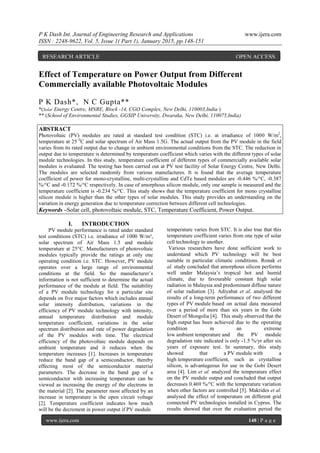 Effect of Temperature on Power Output from Different Commercially ...