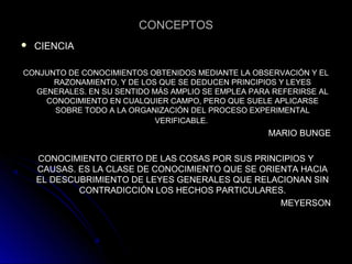 CONCEPTOSCONCEPTOS
 CIENCIACIENCIA
CONJUNTO DE CONOCIMIENTOS OBTENIDOS MEDIANTE LA OBSERVACIÓN Y ELCONJUNTO DE CONOCIMIENTOS OBTENIDOS MEDIANTE LA OBSERVACIÓN Y EL
RAZONAMIENTO, Y DE LOS QUE SE DEDUCEN PRINCIPIOS Y LEYESRAZONAMIENTO, Y DE LOS QUE SE DEDUCEN PRINCIPIOS Y LEYES
GENERALES. EN SU SENTIDO MÁS AMPLIO SE EMPLEA PARA REFERIRSE ALGENERALES. EN SU SENTIDO MÁS AMPLIO SE EMPLEA PARA REFERIRSE AL
CONOCIMIENTO EN CUALQUIER CAMPO, PERO QUE SUELE APLICARSECONOCIMIENTO EN CUALQUIER CAMPO, PERO QUE SUELE APLICARSE
SOBRE TODO A LA ORGANIZACIÓN DEL PROCESO EXPERIMENTALSOBRE TODO A LA ORGANIZACIÓN DEL PROCESO EXPERIMENTAL
VERIFICABLE.VERIFICABLE.
MARIO BUNGEMARIO BUNGE
CONOCIMIENTO CIERTO DE LAS COSAS POR SUS PRINCIPIOS YCONOCIMIENTO CIERTO DE LAS COSAS POR SUS PRINCIPIOS Y
CAUSAS. ES LA CLASE DE CONOCIMIENTO QUE SE ORIENTA HACIACAUSAS. ES LA CLASE DE CONOCIMIENTO QUE SE ORIENTA HACIA
EL DESCUBRIMIENTO DE LEYES GENERALES QUE RELACIONAN SINEL DESCUBRIMIENTO DE LEYES GENERALES QUE RELACIONAN SIN
CONTRADICCIÓN LOS HECHOS PARTICULARES.CONTRADICCIÓN LOS HECHOS PARTICULARES.
MEYERSONMEYERSON
 