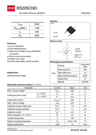 R5205CND
　　Nch 525V 5A Power MOSFET 　　 Datasheet
lOutline
VDSS 500V CPT3 　 　 　 　 　 　
RDS(on)(Max.) 1.6Ω
　
ID ±5A SC-63
　
PD 40W TO-252
　
　 　 　 　 　 　 　 　 　 　 　 　
lInner circuit
lFeatures
1) Low on-resistance.
2) Fast switching speed.
3) Gate-source voltage (VGSS) guaranteed
　　to be ±30V.
4) Drive circuits can be simple.
5) Parallel use is easy.
6) Pb-free lead plating ; RoHS compliant lPackaging specifications
Type
Packing
Embossed
Tape
Reel size (mm) 330
lApplication Tape width (mm) 16
Switching Power Supply Basic ordering unit (pcs) 2500
Taping code TL
Marking R5205C
lAbsolute maximum ratings (Ta = 25°C)
Parameter Symbol Value Unit
Drain - Source voltage VDSS 500 V
Continuous drain current
TC = 25°C ID
*1
±5 A
TC = 100°C ID
*1
±2.4 A
Pulsed drain current ID,pulse
*2
±20 A
Gate - Source voltage VGSS ±30 V
Avalanche energy, single pulse EAS
*3
1.6 mJ
Avalanche energy, repetitive EAR
*4
1.3 mJ
Avalanche current IAR
*3
2.5 A
Power dissipation (Tc = 25°C) PD 40 W
Junction temperature Tj 150 ℃
Range of storage temperature Tstg -55 to +150 ℃
Reverse diode dv/dt dv/dt 15 V/ns
　 　 　 　 　 　 　 　 　 　 　 　 　 　 　 　 　 　 　 　 　 　 　 　 　 　 　 　 　 　 　 　 　 　 　 　 　 　 　 　 　 　 　 　 　
www.rohm.com
© 2015 ROHMCo., Ltd. All rights reserved. 1/13 20150730 - Rev.002 　 　
 