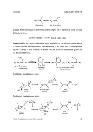 UNIDAD 2                                                                                      ALDEHÍDOS Y CETONAS


                                                      O                          OH
                                         H3C N                       H2C    N
                                                      O                          O
                                           nitrometano               aci-nitrometano


El caso de la isomerización del enlace doble simple, no se considera como un caso
de tautomerismo.

                                CH3CH        CHCH3                    CH3CH2CH               CH2

Racemización: La racemización tiene lugar en presencia de ácidos o bases porque
la cetona cambia de manera lenta pero reversible, a su forma enol, y dicho enol es
aquiral. Cuando el enol retorna a la forma ceto, se producen cantidades iguales de
los dos enantiómeros.

         C2H5                                 C2H5                           C2H5                               C2H5
                O                                     OH                             O                                 O
                                OH ó H3O
 H3C C          CC6H5                         C       C                H3C C         CC6H5 + H3C C                     CC6H5
         H                                    CH3 C6H5                       H                                  H
  (R)-(+)-sec-butil fenil                      forma enol                     (+) -y (-)-sec-butil fenil cetona
          cetona (quiral)                        (aquiral)                           (forma racémica)


Enolización catalizada por base.


                                                                      H    OH
                                 O                               O                                     OH
                 C          C                         C      C                           C         C        +       OH

             H cetona                             anión enolato                            enol
      HO             (quiral)                       (aquiral)                            (aquiral)


Enolización catalizada por ácido.


                       O        H O H                            O H                                   OH
                                                                                                                    H O H
         C      C                    H                C      C                           C      C
                                                                                                            +
     H                                            H                                                                    H
          cetona                                      + O H                                enol
          (quiral)                                                                       (aquiral)
                                                        H

Portillo Alva Benjamín, Leticia Colón Izquierdo.                                                                            62
 