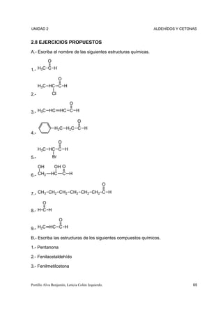 UNIDAD 2                                                        ALDEHÍDOS Y CETONAS


2.8 EJERCICIOS PROPUESTOS
A.- Escriba el nombre de las siguientes estructuras químicas.

           O
1.- H3C C H

                    O
      H3C HC C H
2.-            Cl

                          O
3.- H3C HC          HC C H

                               O
                H2C H2C C H
4.-

                    O
      H3C HC C H
5.-            Br

      OH        OH O
6.- CH2      HC         C H

                                               O

7.- CH3 CH2 CH2 CH2 CH2 CH2 C H

       O
8.- H C H

                    O
9.- H2C HC C H

B.- Escriba las estructuras de los siguientes compuestos químicos.

1.- Pentanona

2.- Fenilacetaldehído

3.- Fenilmetilcetona



Portillo Alva Benjamín, Leticia Colón Izquierdo.                                 65
 