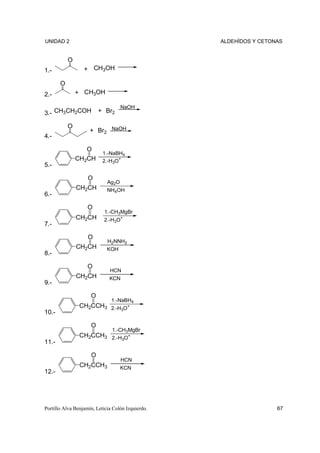UNIDAD 2                                           ALDEHÍDOS Y CETONAS


           O
1.-               + CH3OH

       O
2.-            + CH3OH

                                    NaOH
3.- CH3CH2COH            + Br2

           O
                     + Br2 NaOH
4.-

                  O
                           1.-NaBH4
               CH2CH       2.-H3O+
5.-

                    O
                             Ag2O
               CH2CH         NH4OH
6.-

                    O
                           1.-CH3MgBr
               CH2CH       2.-H3O+
7.-

                    O
                             H2NNH2
               CH2CH         KOH
8.-

                    O
                              HCN
               CH2CH          KCN
9.-

                     O
                               1.-NaBH4
                CH2CCH3 2.-H O+
                            3
10.-

                     O
                               1.-CH3MgBr
                CH2CCH3 2.-H O+
                            3
11.-

                     O
                                    HCN
                CH2CCH3             KCN
12.-




Portillo Alva Benjamín, Leticia Colón Izquierdo.                    67
 