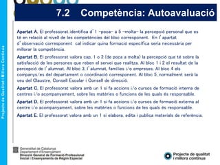 7.2 Competència: Autoavaluació
Apartat A. El professorat identifica d’1 –poca- a 5 –molta- la percepció personal que es
té en relació al nivell de les competències del bloc corresponent. En l’apartat
d’observació corresponent cal indicar quina formació específica seria necessària per
millorar la competència.
Apartat B. El professorat valora cap, 1 o 2 (de poca a molta) la percepció que té sobre la
satisfacció de les persones que reben el servei que realitza. Al bloc 1 i 2 el resultat de la
percepció de l’alumnat. Al bloc 3, l’alumnat, famílies i/o empreses. Al bloc 4 els
companys/es del departament o coordinació corresponent. Al bloc 5, normalment serà la
veu del Claustre, Consell Escolar i Consell de direcció.
Apartat C. El professorat valora amb un 1 si fa accions i/o cursos de formació interna de
centres i/o acompanyament, sobre les matèries o funcions de les quals és responsable.
Apartat D. El professorat valora amb un 1 si fa accions i/o cursos de formació externa al
centre i/o acompanyament, sobre les matèries o funcions de les quals és responsable.
Apartat E. El professorat valora amb un 1 si elabora, edita i publica materials de referència.
 