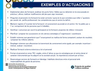 EXEMPLES D’ACTUACIONS I
 Implementar plans de formació, analitzar els punts forts i febles que es detecten en la seva posada en
pràctica i, alhora, realitzar modificacions del pla quan sigui necessari.
 Preguntar al personal si la formació ha estat correcta i quina és la que considera que millor s’ajustaria
per assolir els perfils professional i les competències que el centre ha definit.
 Mantenir registre d’inventari de la formació i el coneixement acumulat en el centre i fer-lo públic per a
l’ús i enriquiment de les persones que hi treballen.
 Certificar i comunicar per escrit la participació en la formació, projectes de millora i innovació.
 Planificar i preparar les successions en els càrrecs estratègics d’organització i coordinació.
 Establir sistemes que garanteixin que l’ensenyament es realitza de forma competent, avaluar els resultats
i proposar les millores adients.
 Desplegar sistemes que afavoreixen la transmissió de coneixement entre iguals, per exemple: incentivar i
motivar, avaluar i reconèixer.
 Realitzar formació externa extensiva a tot el personal.
 Formar al personal en eines TIC i anglès, entre d’altres; ja que és estratègica per al centre donat el
caràcter instrumental que ha adquirit en la societat actual, i la importància creixent per al futur.
 Desenvolupar accions de formació en lideratge i habilitats directives entre el personal amb
responsabilitats de gestió de persones.
 