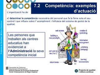 L'organització ha de:
a) determinar la competència necessària del personal que fa la feina sota el seu
control i que influeix sobre l’acompliment i l'eficàcia del sistema de gestió de la
qualitat;
7.2 Competència: exemples
d’actuació
Les persones que
treballen als centres
educatius han
evidenciat a
l‘Administració la seva
competència inicial
 