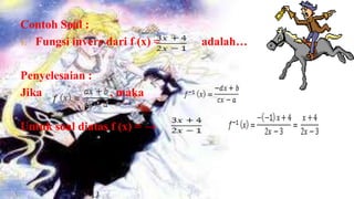 Contoh Soal :
1. Fungsi invers dari f (x) =   adalah…

Penyelesaian :
Jika              , maka

Untuk soal diatas f (x) = →
 