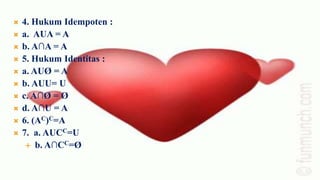    4. Hukum Idempoten :
   a. AUA = A
   b. A∩A = A
   5. Hukum Identitas :
   a. AUØ = A
   b. AUU= U
   c. A∩Ø = Ø
   d. A∩U = A
   6. (AC)C=A
   7. a. AUCC=U
      b. A∩CC=Ø
 