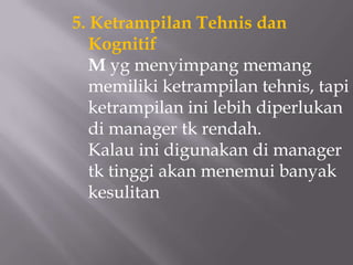 5. Ketrampilan Tehnis dan
   Kognitif
   M yg menyimpang memang
   memiliki ketrampilan tehnis, tapi
   ketrampilan ini lebih diperlukan
   di manager tk rendah.
   Kalau ini digunakan di manager
   tk tinggi akan menemui banyak
   kesulitan
 
