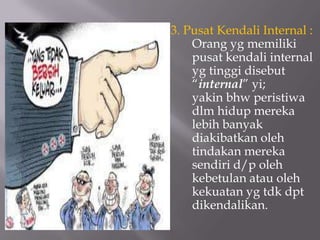 3. Pusat Kendali Internal :
    Orang yg memiliki
    pusat kendali internal
    yg tinggi disebut
    “internal” yi;
    yakin bhw peristiwa
    dlm hidup mereka
    lebih banyak
    diakibatkan oleh
    tindakan mereka
    sendiri d/p oleh
    kebetulan atau oleh
    kekuatan yg tdk dpt
    dikendalikan.
 