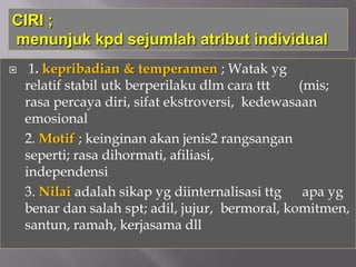 CIRI ;
menunjuk kpd sejumlah atribut individual
    1. kepribadian & temperamen ; Watak yg
    relatif stabil utk berperilaku dlm cara ttt   (mis;
    rasa percaya diri, sifat ekstroversi, kedewasaan
    emosional
    2. Motif ; keinginan akan jenis2 rangsangan
    seperti; rasa dihormati, afiliasi,
    independensi
    3. Nilai adalah sikap yg diinternalisasi ttg apa yg
    benar dan salah spt; adil, jujur, bermoral, komitmen,
    santun, ramah, kerjasama dll
 