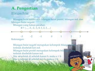 A. Pengertian
Bilangan Bulat

Bilangan bulat terdiri atas bilangan bulat positif, bilangan nol, dan
bilangan bulat negatif.
Bilangan yang bukan pecahan.
         B = ..., -3, -2, -1, 0, 1, 2, 3, ...


        -3        -2       -1         0         1        2        3
Keterangan:

1.Bilangan bulat negatif merupakan kelompok bilangan yang
  terletak disebelah kiri nol.
2.Bilangan bulat positif merupakan kelompok bilangan yang
  terletak disebelah kanan nol.
3.Jika a terletak di sebelah kanan b, maka a > b
4.Jika a terletak di sebelah kiri b, maka a < b
 