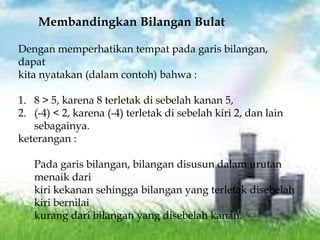 Membandingkan Bilangan Bulat

Dengan memperhatikan tempat pada garis bilangan,
dapat
kita nyatakan (dalam contoh) bahwa :

1. 8 > 5, karena 8 terletak di sebelah kanan 5,
2. (-4) < 2, karena (-4) terletak di sebelah kiri 2, dan lain
   sebagainya.
keterangan :

   Pada garis bilangan, bilangan disusun dalam urutan
   menaik dari
   kiri kekanan sehingga bilangan yang terletak disebelah
   kiri bernilai
   kurang dari bilangan yang disebelah kanan.
 