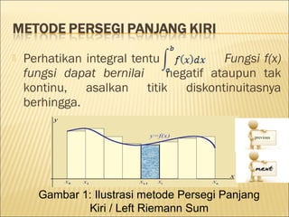    Perhatikan integral tentu           Fungsi f(x)
    fungsi dapat bernilai     negatif ataupun tak
    kontinu, asalkan titik diskontinuitasnya
    berhingga.




      Gambar 1: Ilustrasi metode Persegi Panjang
              Kiri / Left Riemann Sum
 