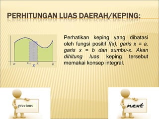 Perhatikan keping yang dibatasi
oleh fungsi positif f(x), garis x = a,
garis x = b dan sumbu-x. Akan
dihitung luas keping tersebut
memakai konsep integral.
 