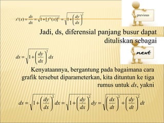 2
           ds                           dy 
s ' ( x) =    = 1 + [ f ' ( x)]2 = 1 +  
           dx                           dx 

                Jadi, ds, diferensial panjang busur dapat
                                        dituliskan sebagai
                    2
          dy 
ds = 1 +   dx
          dx 
       Kenyataannya, bergantung pada bagaimana cara
   grafik tersebut diparameterkan, kita dituntun ke tiga
                                rumus untuk ds, yakni
                        2                           2   2   2
           dy         dy     dx   dy 
 ds = 1 +   dx = 1 +   dy =   +   dt
           dx         dx     dt   dt 
 