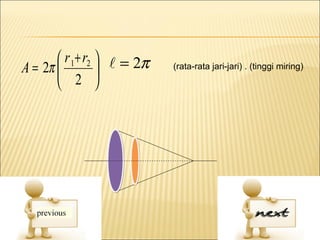  r 1+ r2   = 2π
A = 2π                    (rata-rata jari-jari) . (tinggi miring)
        2 
 