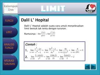 FUNGSI    Dalil L’ Hopital
            Dalil L’ Hopital adalah suatu cara untuk menyelesaikan
            limit bentuk tak tentu dengan turunan.
 LIMIT
            Rumusnya :



ANALISIS     Contoh :
 FUNGSI
             1.

             2.
APLIKASI
TURUNAN
 