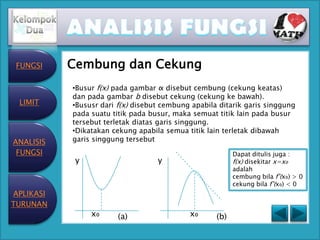 FUNGSI    Cembung dan Cekung
           •Busur f(x) pada gambar α disebut cembung (cekung keatas)
           dan pada gambar b disebut cekung (cekung ke bawah).
 LIMIT     •Bususr dari f(x) disebut cembung apabila ditarik garis singgung
           pada suatu titik pada busur, maka semuat titik lain pada busur
           tersebut terletak diatas garis singgung.
           •Dikatakan cekung apabila semua titik lain terletak dibawah
ANALISIS   garis singgung tersebut
 FUNGSI                                                   Dapat ditulis juga :
            y                      y                      f(x) disekitar x=x₀
                                                          adalah
                                                          cembung bila f’(x₀) > 0
                                                          cekung bila f’(x₀) < 0
APLIKASI
TURUNAN
                x₀      (a)                 x₀      (b)
 