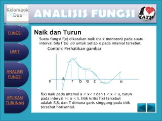 FUNGSI    Naik dan Turun
            Suatu fungsi f(x) dikatakan naik (naik monoton) pada suatu
            interval bila f1(x) ≤0 untuk setiap x pada interval tersebut.
                Contoh: Perhatikan gambar
 LIMIT




ANALISIS
 FUNGSI                  a
                 y            r    b   g   c               u


            f(x) naik pada interval a < x< r dan t < x < u, turun
APLIKASI    pada interval r< x < t. titik kritis f(x) tersebut
TURUNAN     adalah R,S, dan T dimana garis singgung pada titik
            tersebut horisontal.
 