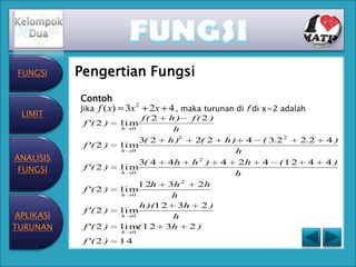 FUNGSI    Pengertian Fungsi
           Contoh
           Jika f ( x)       3x 2    2x 4 , maka turunan di f di x=2 adalah
 LIMIT                              f(2   h)     f(2 )
            f '( 2 )     lim
                         h     0           h
                                   3( 2   h )2   2( 2     h) 4   ( 3.2 2    2.2   4)
            f '( 2 )     lim
                         h     0                            h
ANALISIS                           3( 4   4h     h2 )    4 2h    4   (1 2     4   4)
 FUNGSI     f '( 2 )     lim
                         h     0                            h
                            1 2h      3h 2  2h
            f '( 2 )     lim
                         h   0         h
                               h )(1 2 3h 2 )
            f '( 2 )     lim
APLIKASI                 h   0         h
TURUNAN     f '( 2 )     l i m( 1 2 3h
                         h     0
                                           2)
            f '( 2 )     14
 