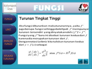 FUNGSI    Turunan Tingkat Tinggi
           Jika fungsi diturunkan maka turunannya , yaitu f '
 LIMIT     juga berupa fungsi sehingga bolehjadi f ' mempunyai
           turunan tersendiri yang dinyatakan oleh ( f ' )'  f ' '.
           Fungsi yang f ' 'baru ini disebut turunan kedua dari f
           karena dia merupakan turunan dari f .
ANALISIS   Dengan notasi Leibniz kita tuliskan turunan kedua
 FUNGSI    dari y   f ( x) sebagai


                  d dy       d2y
                                  atau f''( x)   D 2 f( x)
APLIKASI          dx dx      dx 2
TURUNAN
 