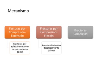 Mecanismo
Facturas por
Compresión-
Extensión
Fracturas por
aplastamiento con
desplazamiento
dorsal
Fracturas por
Compresión-
Flexión
Aplastamiento con
desplazamiento
palmar
Fracturas
Complejas
 
