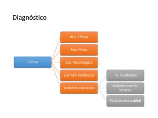 Diagnóstico
Clínico
Hist. Clínica
Exp. Física
Exp. Neurológica
Examen Tendinoso
Lesiones asociadas
Fx. Escafoides
lesiones escafo-
lunares
Fx.Estiloides cubital
 