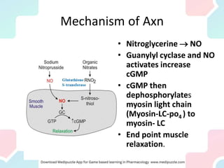 Mechanism of Axn
• Nitroglycerine  NO
• Guanylyl cyclase and NO
activates increase
cGMP
• cGMP then
dephosphorylates
myosin light chain
(Myosin-LC-po4 ) to
myosin- LC
• End point muscle
relaxation.
 