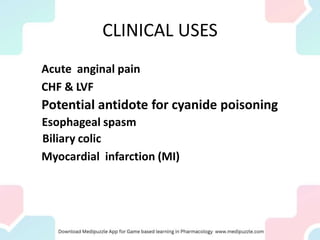CLINICAL USES
Acute anginal pain
CHF & LVF
Potential antidote for cyanide poisoning
Esophageal spasm
Biliary colic
Myocardial infarction (MI)
 