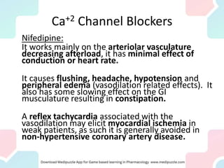Ca+2 Channel Blockers
Nifedipine:
It works mainly on the arteriolar vasculature
decreasing afterload, it has minimal effect of
conduction or heart rate.
It causes flushing, headache, hypotension and
peripheral edema (vasodilation related effects). It
also has some slowing effect on the GI
musculature resulting in constipation.
A reflex tachycardia associated with the
vasodilation may elicit myocardial ischemia in
weak patients, as such it is generally avoided in
non-hypertensive coronary artery disease.
 