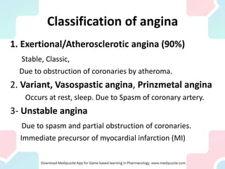 Classification of angina
1. Exertional/Atherosclerotic angina (90%)
Stable, Classic,
Due to obstruction of coronaries by atheroma.
2. Variant, Vasospastic angina, Prinzmetal angina
Occurs at rest, sleep. Due to Spasm of coronary artery.
3- Unstable angina
Due to spasm and partial obstruction of coronaries.
Immediate precursor of myocardial infarction (MI)
 