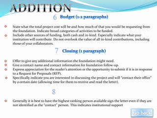 State what the total project cost will be and how much of that you would be requesting from
the foundation. Indicate broad categories of activities to be funded.
Include other sources of funding, both cash and in-kind. Especially indicate what your
institution will contribute. Do not overlook the value of all in-kind contributions, including
those of your collaborators.
Offer to give any additional information the foundation might need.
Give a contact name and contact information for foundation follow-up.
Express appreciation for the reader’s attention or the opportunity to submit if it is in response
to a Request for Proposals (RFP).
Specifically indicate you are interested in discussing the project and will “contact their office”
by a certain date (allowing time for them to receive and read the letter).
Generally it is best to have the highest ranking person available sign the letter even if they are
not identified as the “contact” person. This indicates institutional support
 