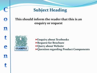 This should inform the reader that this is an
enquiry or request
EXAMPLE
Enquiry about Textbooks
Request for Brochure
Query about Website
Question regarding Product Components
 