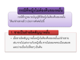 กรณีที่กฎหมายบัญญัติให้หญิงไม่ต้องคืนของหมั้น
ให้แก่ฝ่ายชายมี 3 ประการดังต่อไปนี้
กรณีที่หญิงไม่ต้องคืนของหมั้น
• เมื่อชายผิดสัญญาหมั้นหญิงไม่ต้องคืนของหมั้นแก่ฝ่ายชาย
เช่น ชายไปแต่งงานกับหญิงอื่น ชายไม่ยอมจดทะเบียนสมรส
และบ่ายเบี่ยงไปเรื่อยๆ เป็นต้น
1. ชายเป็นฝ่ายผิดสัญญาหมั้น
 